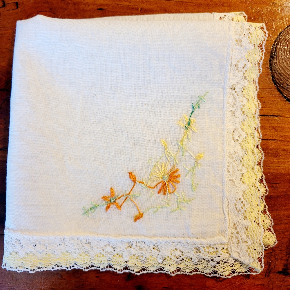Embroidered Lace Handkerchief - White and Orange